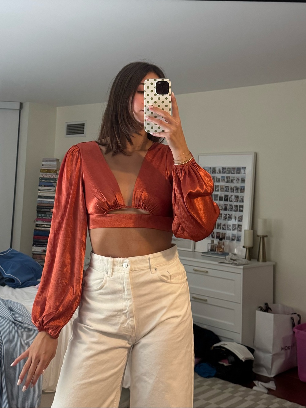 Cropped Satin Balloon-Sleeve Top - Rust